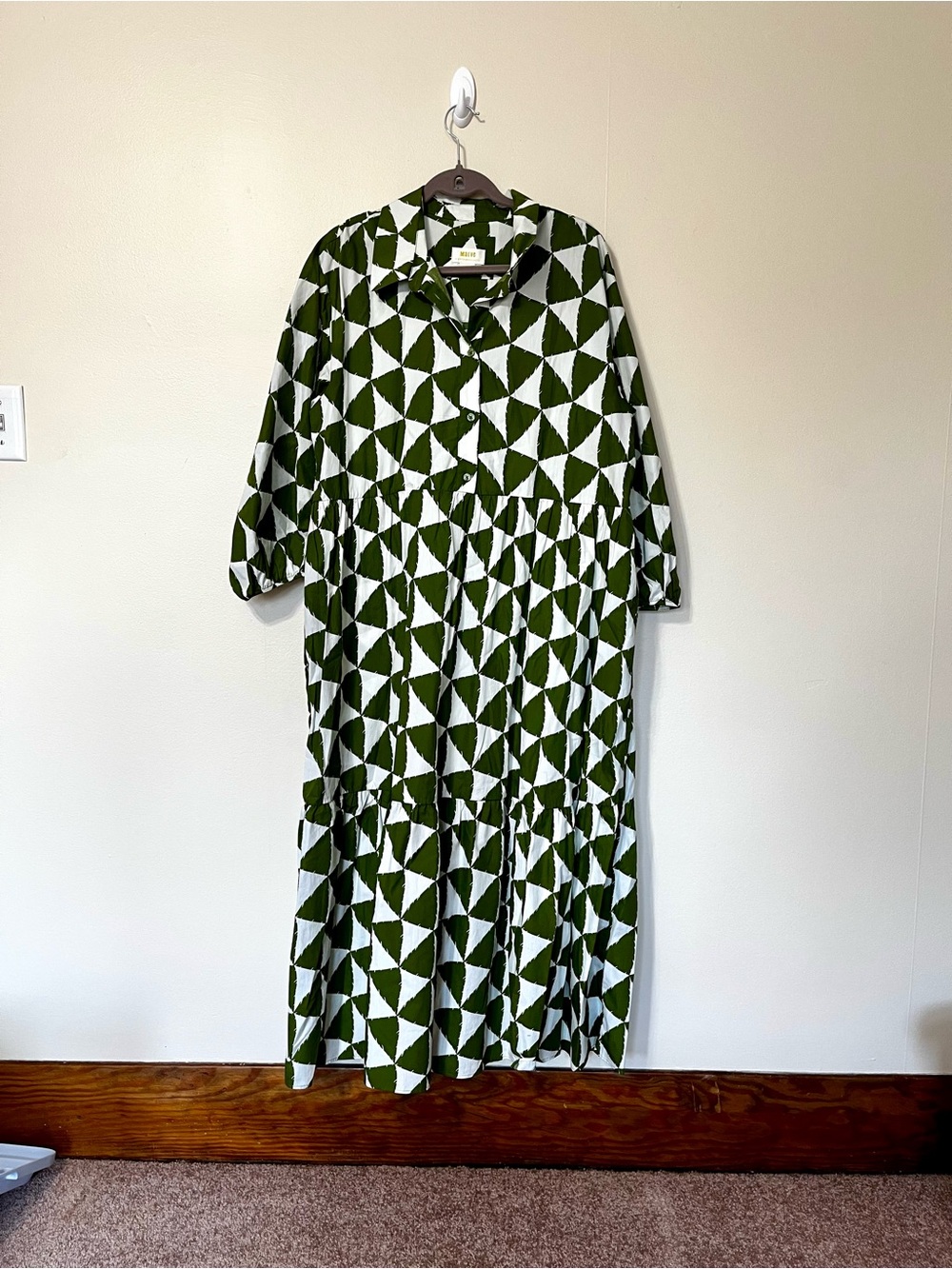 Anthropologie Olive Green and White Geometric Tiered Midi Dress - Picture 2 of 4